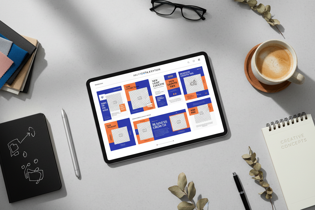 10 paquetes de plantillas para redes sociales en tablet - flat lay mockup profesional