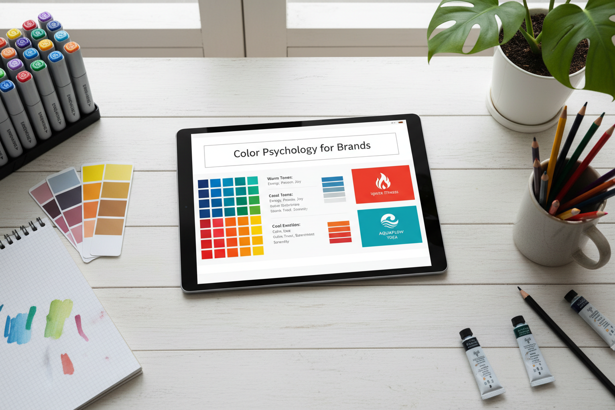 Guía de Psicología del Color para Marcas en tablet - flat lay mockup con paletas de colores