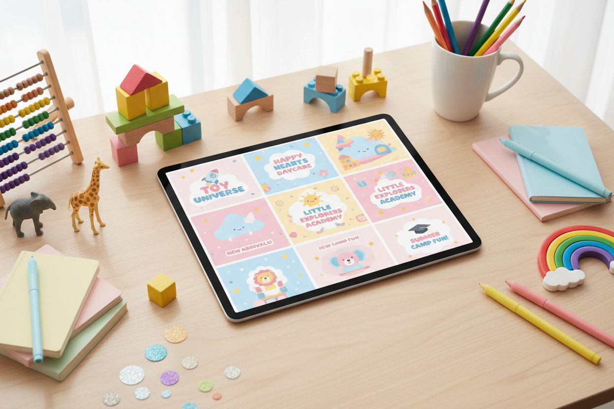 Plantillas para redes sociales infantiles en tablet - flat lay mockup con diseños pastel