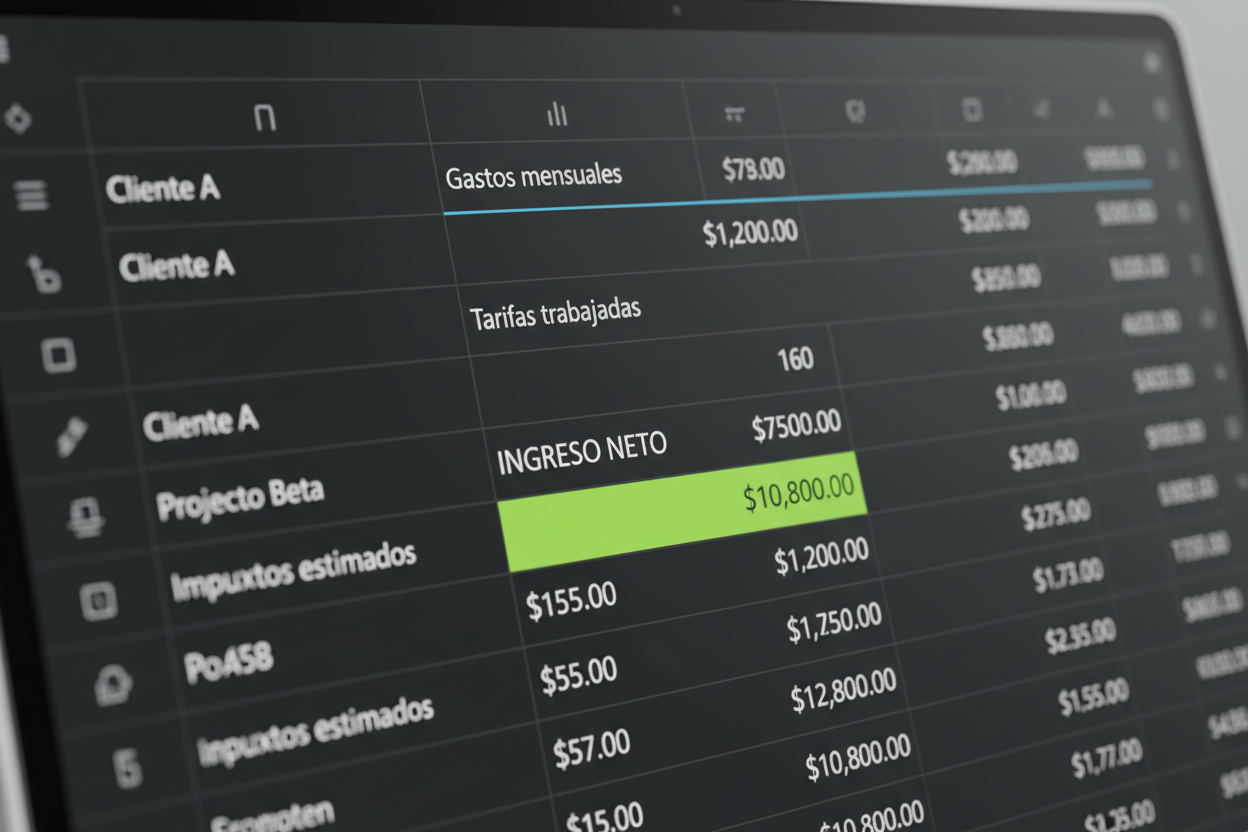 Calculadora Freelance - close-up de celdas con etiquetas en español