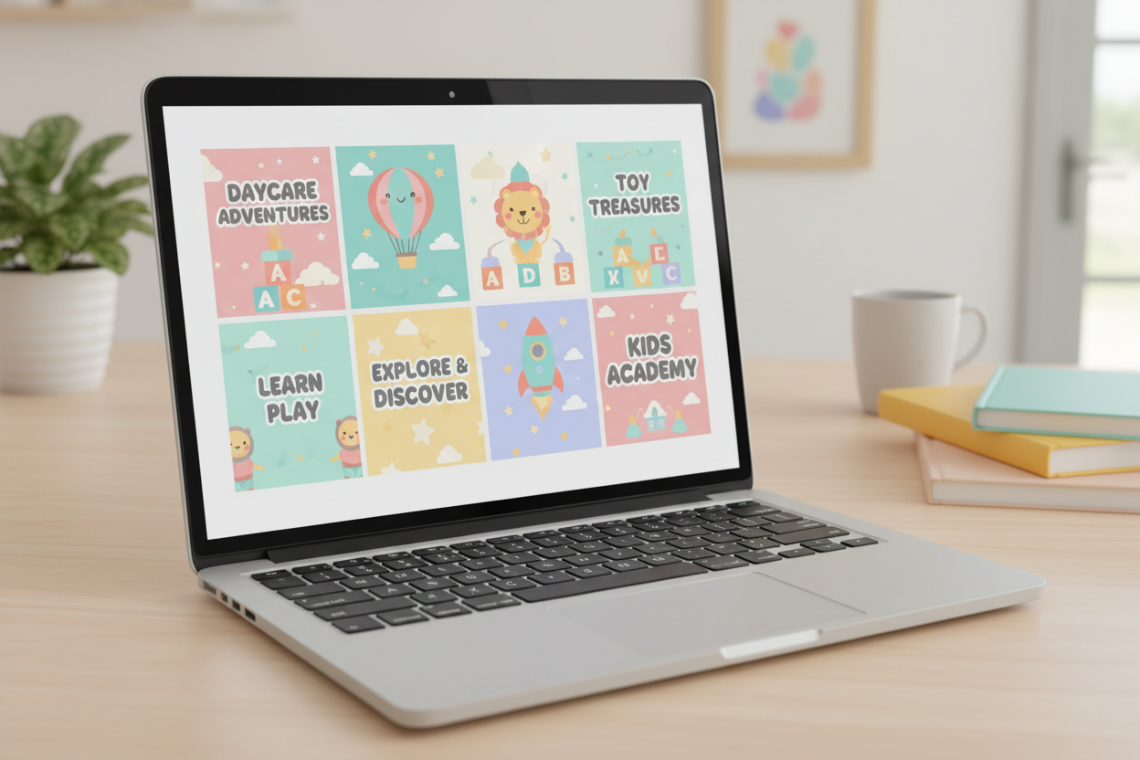 Plantillas para redes sociales de negocios infantiles en laptop - diseños coloridos y profesionales